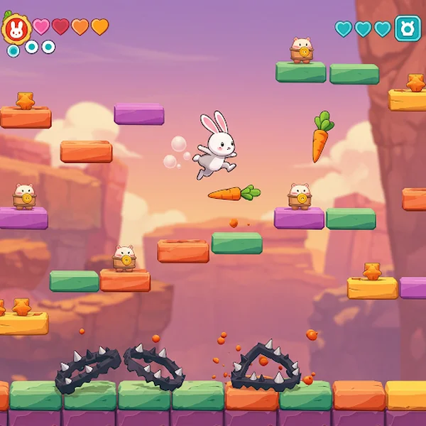 Captura de pantalla del juego Poor Bunny que muestra a un conejito esquivando trampas