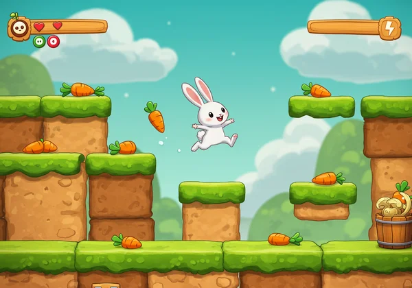 Personaje adorable de Poor Bunny saltando a través de un nivel de juego colorido