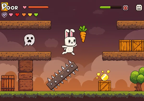 Screenshot of Poor Bunny gameplay with bunny, carrots, traps.