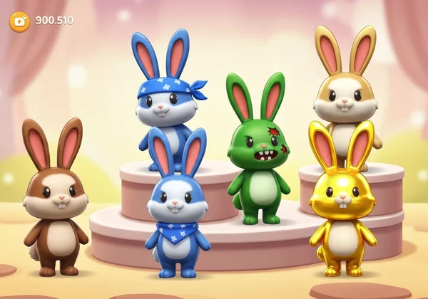 A vibrant display of diverse Poor Bunny skins on a pedestal