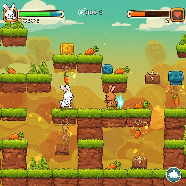 Two bunnies playing Poor Bunny coop mode on shared screen.