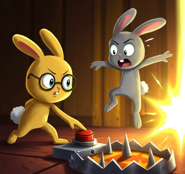A bunny strategically using a trap against anothe
