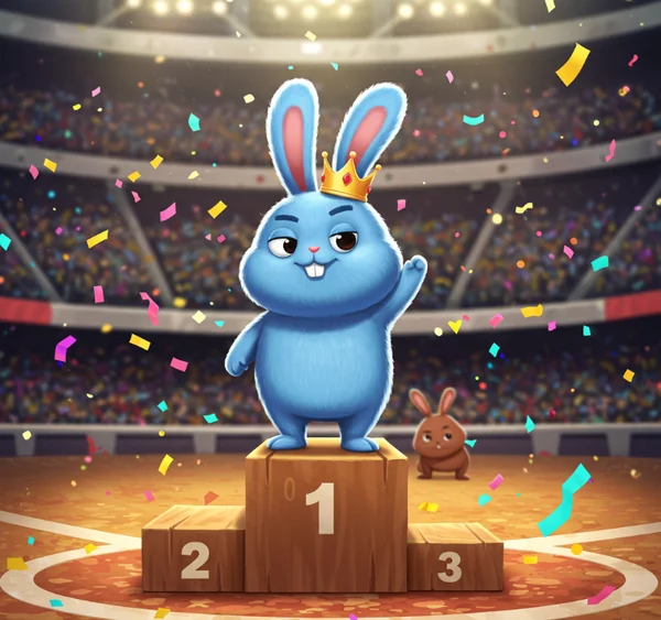 A victorious bunny celebrating a win