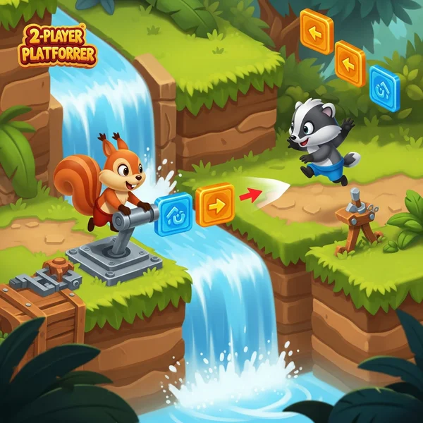 Acción de juego de plataformas cooperativo con dos jugadores.