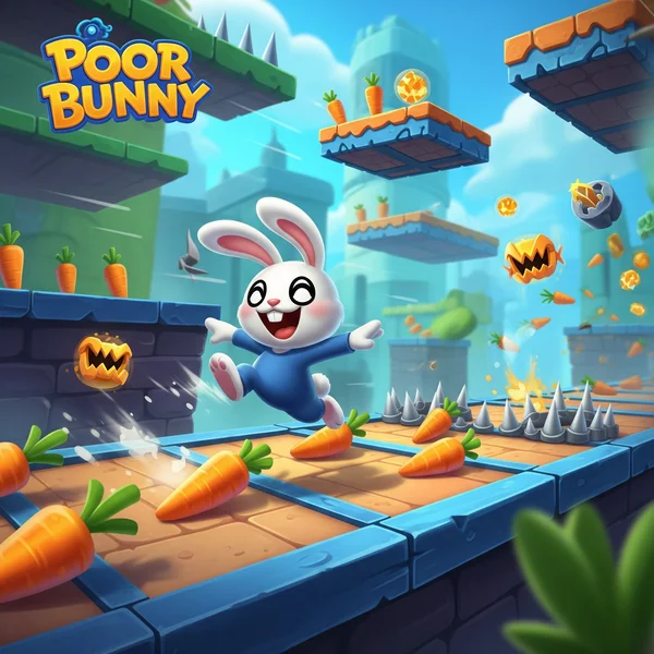 Aspecto destacado del juego Poor Bunny: conejo recolectando zanahorias.