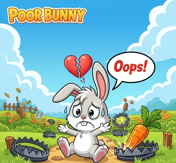 Poor Bunny oyunundaki yaygın hataların illüstrasyonu.