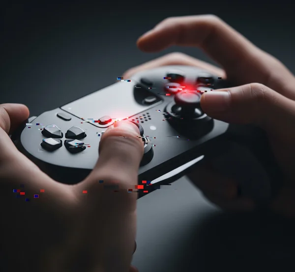 Hands interacting with a game controller showing errors