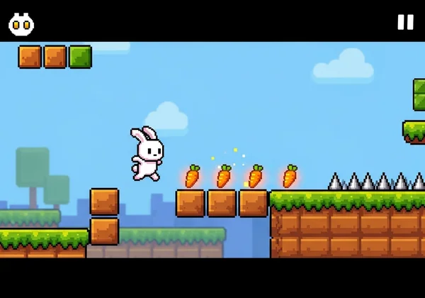 Poor Bunny character in mid-air jumping over an obstacle