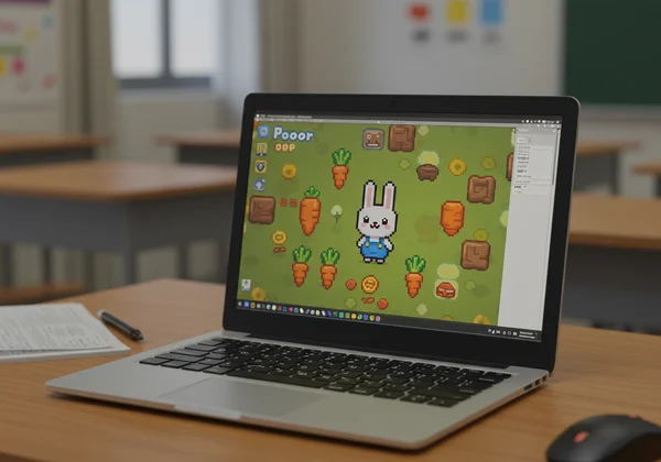 Bunny playing on a laptop in a classroom setting
