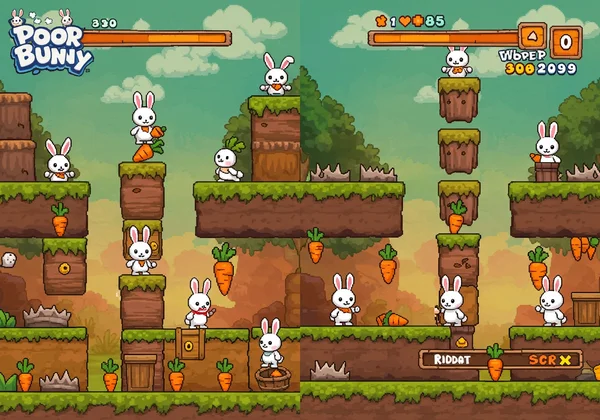 Two pixel bunnies in multiplayer mode collecting carrots