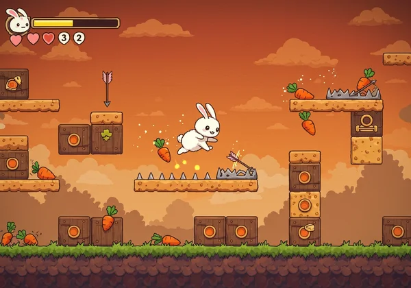 Bunny navigating a platformer level with traps and carrots.