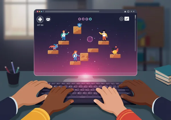 Two players on one keyboard collaborating in a browser game