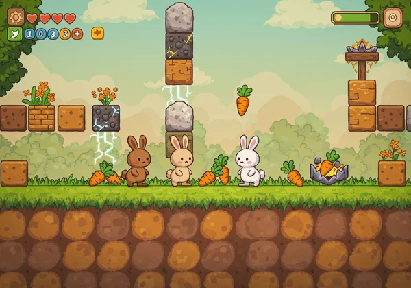 Two cute cartoon bunnies collecting carrots on a platformer level