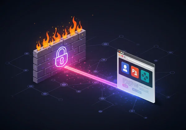 Digital firewall with a game icon breaking through.